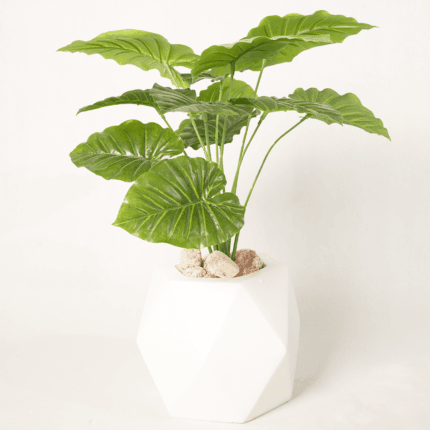 Petite Alocasia artificielle 12 feuilles en pot géométrique blanc – Plante oreilles d’éléphant déco intérieure