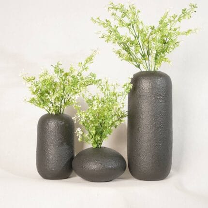 Ensemble de 3 Vases Décoratifs Noirs avec Plantes Artificielles