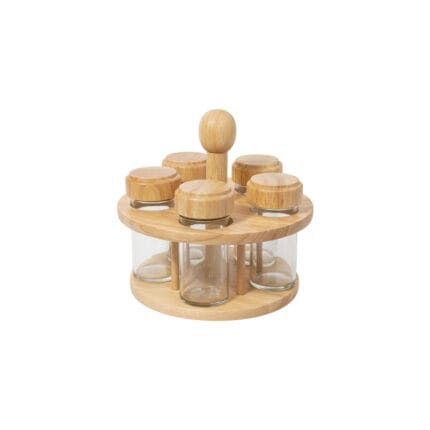 Carrousel à Épices Rotatif en Bois Clair avec 6 Bocaux en Verre et Couvercles