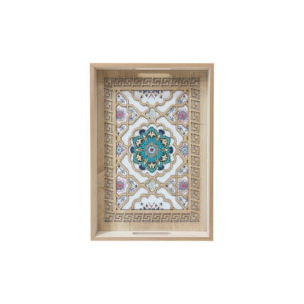 Plateau de service en bois clair à motifs orientaux multicolores