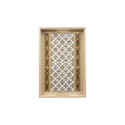 Plateau Décoratif en Bois Clair, Motifs Géométriques Orientaux Découpés au Laser