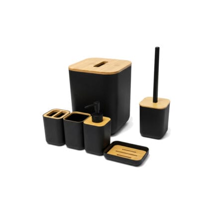 Ensemble d'accessoires de salle de bain 5 pièces noir et bambou design rainuré