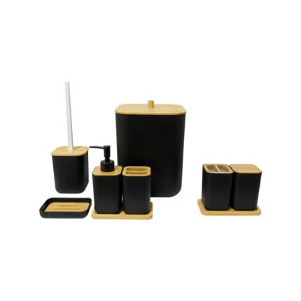 Set complet d'accessoires de salle de bain 6 pièces noir mat et bambou